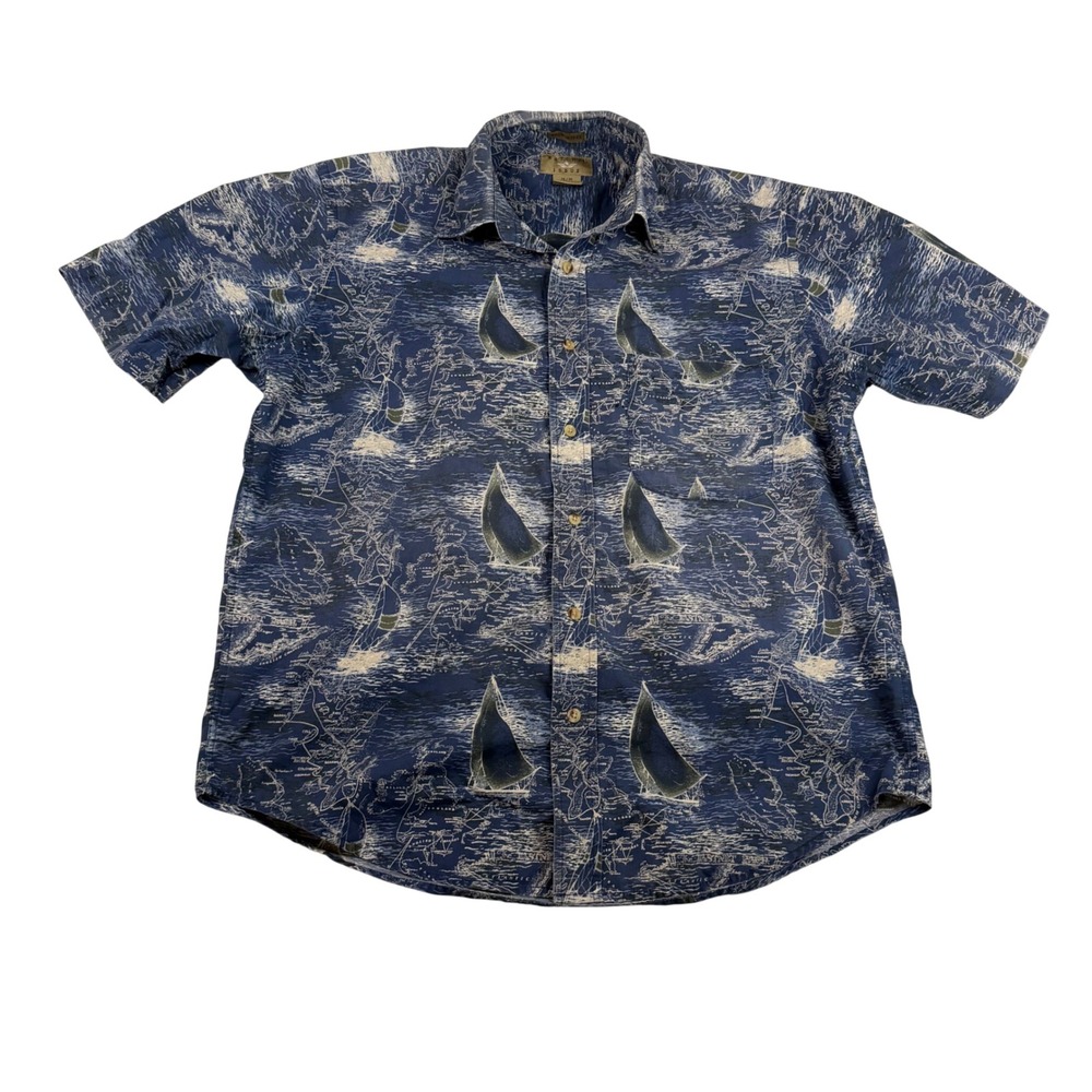 Natural Issue Mens Medium Blue Nautical Map Sailboat Print Cotton SS Shirt M